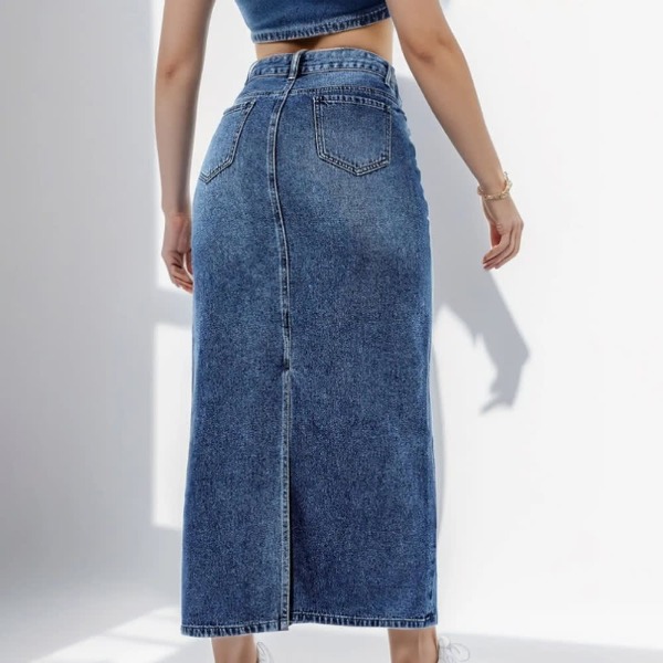 2023 Women's High Waist Denim Straight Skirt - Office Lady Black/Blue Midi Jean Skirt